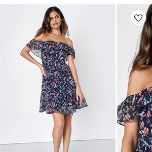 My Favorite Navy Blue Floral Print Off-the-Shoulder Dress